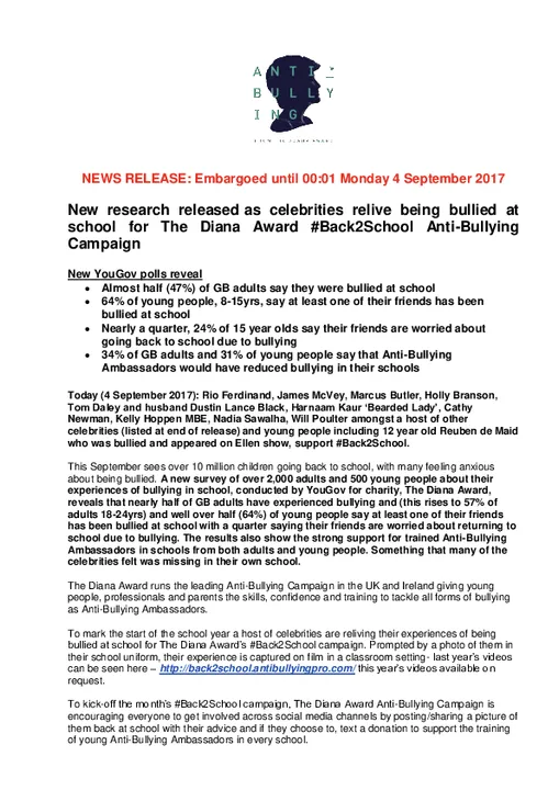 The Diana Award launches Anti-Bullying Campaign #Back2School and reveals new bullying survey statistics